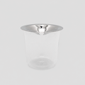 Clear glass vase with stainless steel lid on a light gray background